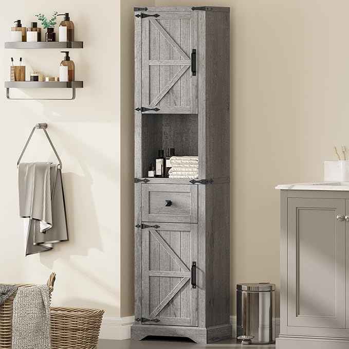 Vabches 66" Tall Farmhouse Bathroom Storage Cabinet with Barn Doors and Drawer, Narrow Storage Unit, Adjustable Shelves & 5-Tier Space, Freestanding Cabinet for Bathroom, Entryway, Kitchen, Grey