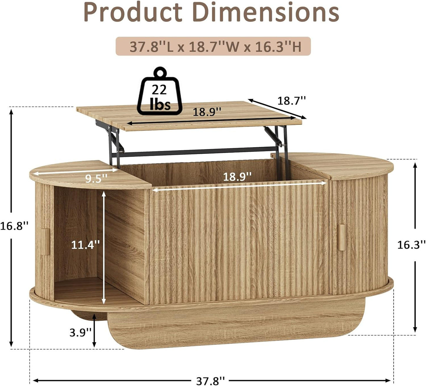 Lift Top Coffee Table with Storage,Oval Wood Coffee Table with Sliding Doors & Hidden Compartment, Fluted Center Table for Home,Living Room,Office, Natural