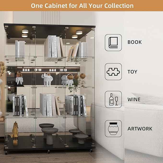 Beauty4U Glass Display Cabinet with LED Lights and Mirror, Extra Large 3 Columns 2 Doors Curio Cabinets with 12 Shelves for Living Room, Bedroom, Office, Black Floor Standing Bookshelf