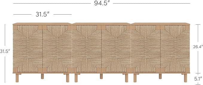 Nathan James Beacon Boho TV Stand, Free Standing Kitchen Cabinet Storage with Adjustable Interior Shelf and Seagrass Accent, Seagrass/Raw Oak, Set of 3