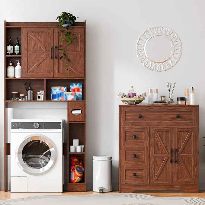 Vabches Farmhouse Storage Cabinet with 2 Doors and 4 Drawers, Freestanding Bathroom Storage Cabinet Kitchen Pantry, Floor Hutch Cupboard for Living Room/Bathroom/Kitchen,Walnut