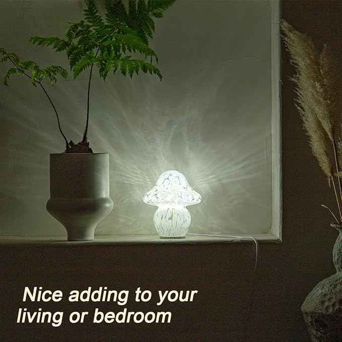 Mushroom Lamp Glass Mushroom Table Lamp for Bedrooms, Living Room, Aesthetic Lamps for Bedroom, Cute Bedside Lamp（White Dot）