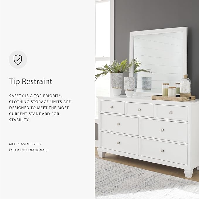 Signature Design by Ashley Fortman Casual Dresser and Mirror, Tapered Feet, 7 Storage Drawers, Round Satin Nickel Metal Knobs, Wood, 74.13" High, White