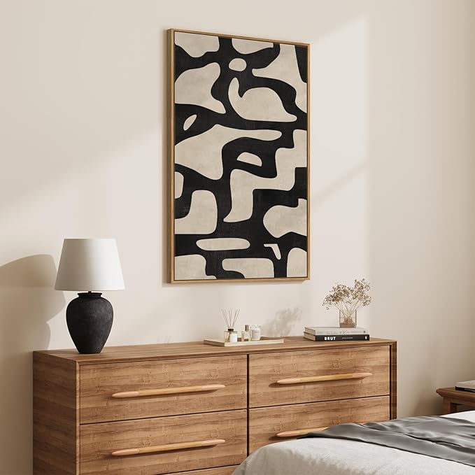 Framed Neutral Abstract Wall Art, Large Modern Canvas Prints Paintings Artwork for Walls, Minimalist Black and Beige Pictures for Living Room, Bedroom, Hallway, Home Office Wall Decor 24x36 In