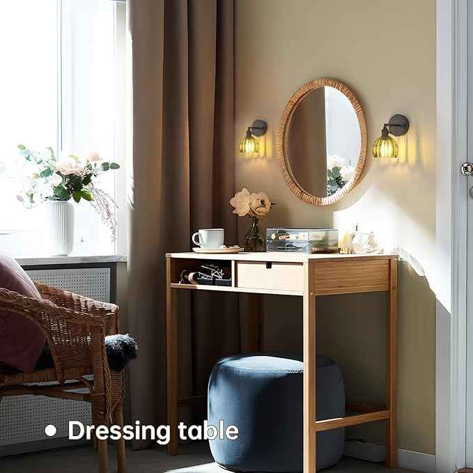 Vintage Wall Sconce with Green Tulip Glass Lampshade 180 Degree Adjustable Black Sconce Hradwired Modern Wall Lighting Fixture with Switch for Bedside Bedroom Doorway