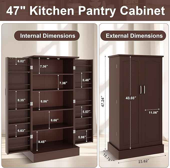 47” Pantry Cabinet, Kitchen Pantry Storage Cabinet with Doors & Adjustable Shelves, Brown Freestanding Buffet Cupboards Sideboard for Living Room and Dinning Room, Sturdy and Durable