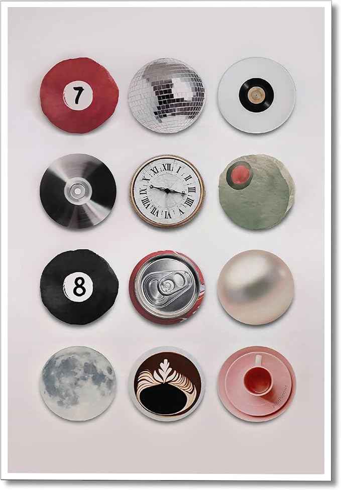 Colorful Vintage Disco Ball Canvas Wall Art, Retro 7 Ball Poster, Trendy Music Record Painting, Funky Aesthetic Moon Coffee Cup Prints for Apartment/Dorm Wall Decor, 24x36in Unframed