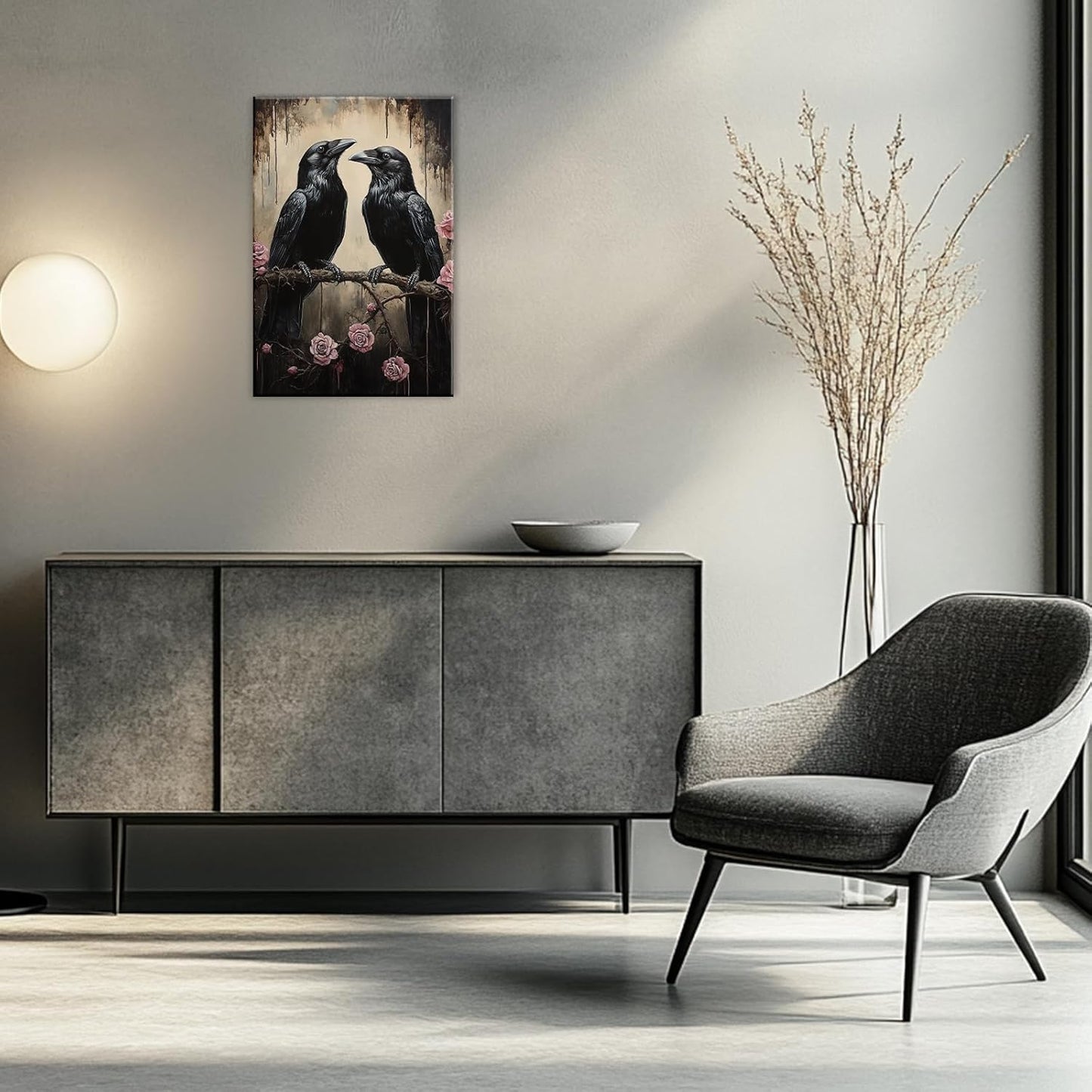 OAAPITI Crow Canvas Wall Art Black Raven Picture Print Pink Rose Poster Vintage Gothic Painting Artwork for Living Room Halloween Decor(Artwork-6,16"x24")