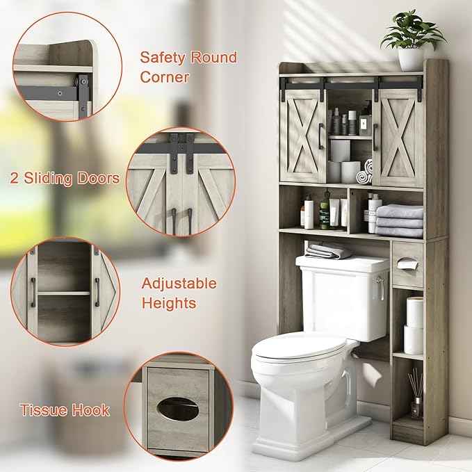 Vabches Over The Toilet Storage Cabinet, Farmhouse Storage Cabinet Over Toilet with Sliding Door& Toilet Paper Holder Stand，Home Space-Saving Toilet Rack, for Bathroom, Restroom, Laundry