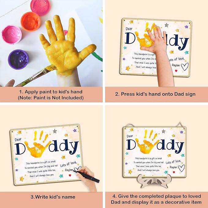 Dear Daddy Poem DIY Baby Handprint Art Craft Plaque Gift for Dad, Best Dad Ever Gifts with Kids Handprint Keepsake, Baby's First Fathers Day Handprint Craft with Poem Sign for Dad from Toddler Infant