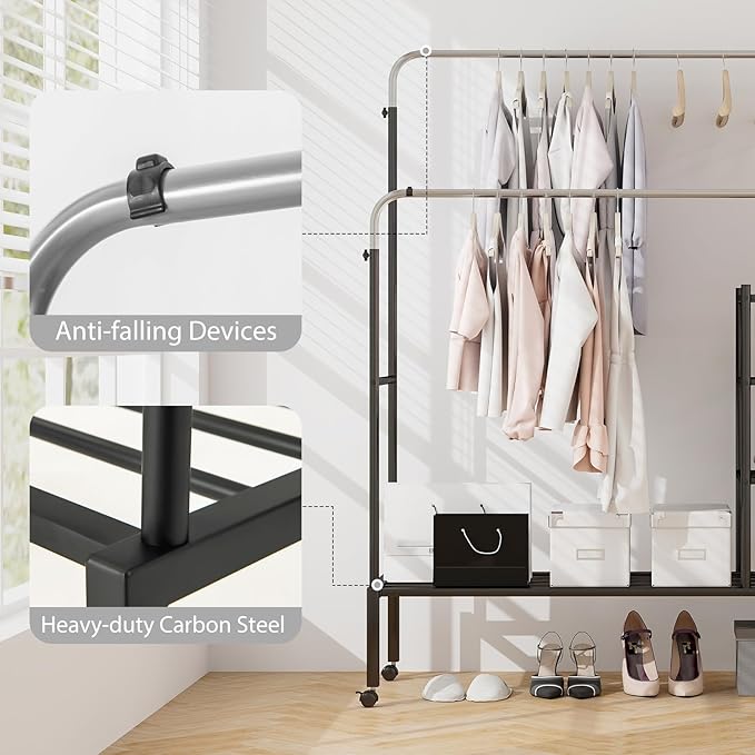 Tangkula Rolling Double Rods Garment Rack, Clothes Drying Rack with Height Adjustable Hanging Bars, Storage Shelves & Lockable Wheels, Heavy-duty Steel Clothing Rack for Indoor & Outdoor Use (Silver)