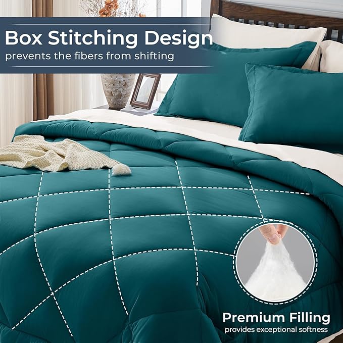 HEVUMYI Twin Comforter Set - 5-Piece All Season Bed in a Bag Twin, Ultra Soft Bedding Set with Comforter, Flat Sheet, Fitted Sheet, Pillowcases, Pillow Shams, Peacock Blue & Ivory