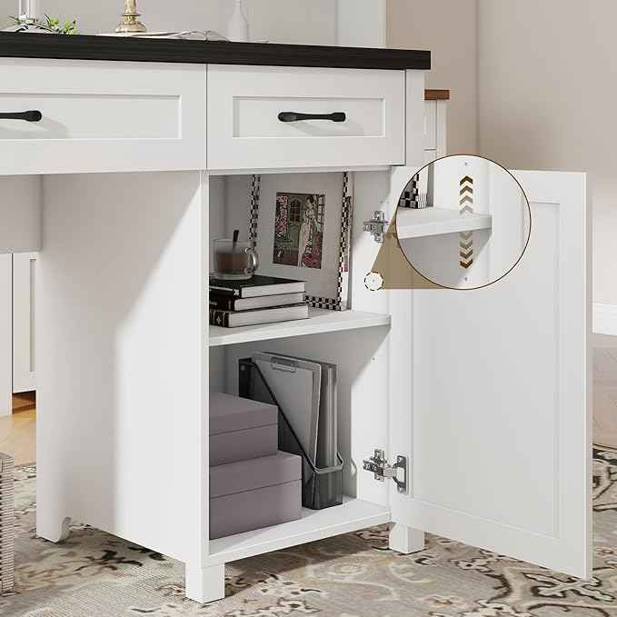 Vabches Farmhouse 61'' Executive Desk with 5 Drawers, Rustic Office Desk Computer Desk with Charging Station, File Drawers and Storage Cabinet, Wood Workstation for Home Office and Study.(Black Top)