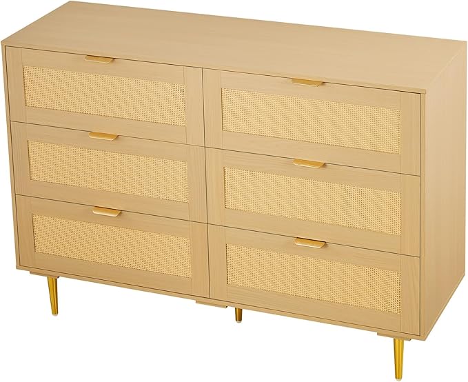 VEVOR Rattan Dresser 6 Drawer, 47.2'' Wide Boho Wood Dresser, Double Dresser Chest of Drawers with Golden Handles and Legs, TV Stand Dresser for Bedroom, Living Room, Entryway, Hallway, Natural Oak