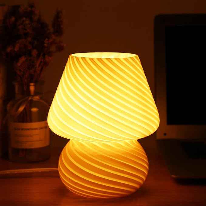Pink Mushroom Lamp,Glass Mushroom Bedside Table Lamps Translucent Murano Vintage Style Striped Small Nightstand Desklamp Swirl Light for Home Decor, Dining, Living, Bedroom, Gift (Stripe Pink)