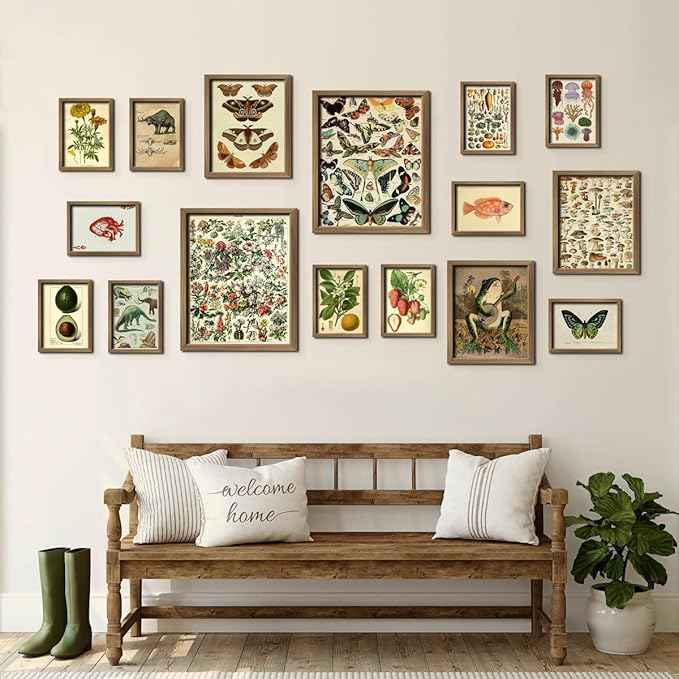 16 PCS Vintage Wall Art Decor, Botanical Cottagecore Wall Collage Kit for Bedroom, Farmhouse Posters for Room Aesthetic, Wall Prints Pictures for Living Room, Rustic Dorm Gallery Home Decor