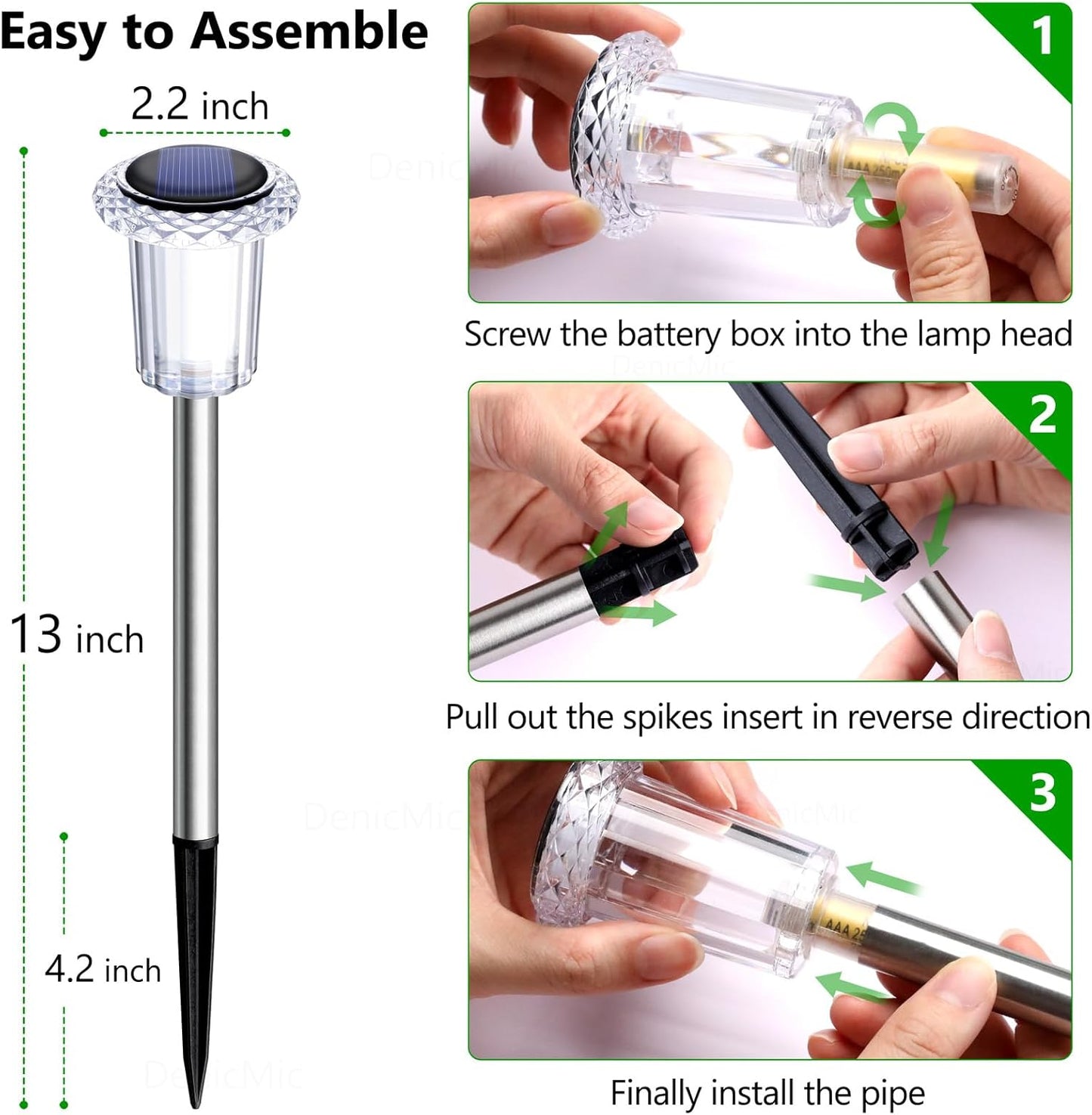 DenicMic Solar Lights Outdoor 10 Pack Waterproof 6000K Cold White LED Stainless Steel Stake for Pathway Yard Garden Driveway Solar Powered Outside Decor