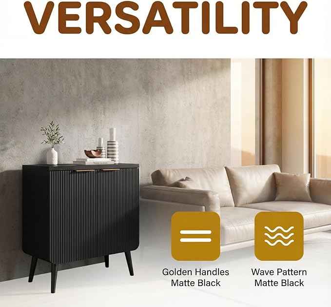 23.6" Modern Fluted Sideboard Cabinet with 2 Doors, Wood Storage Credenza with Shelves, Multi-Purpose Buffet Cabinet for Entryway, Dining & Living Room, Black