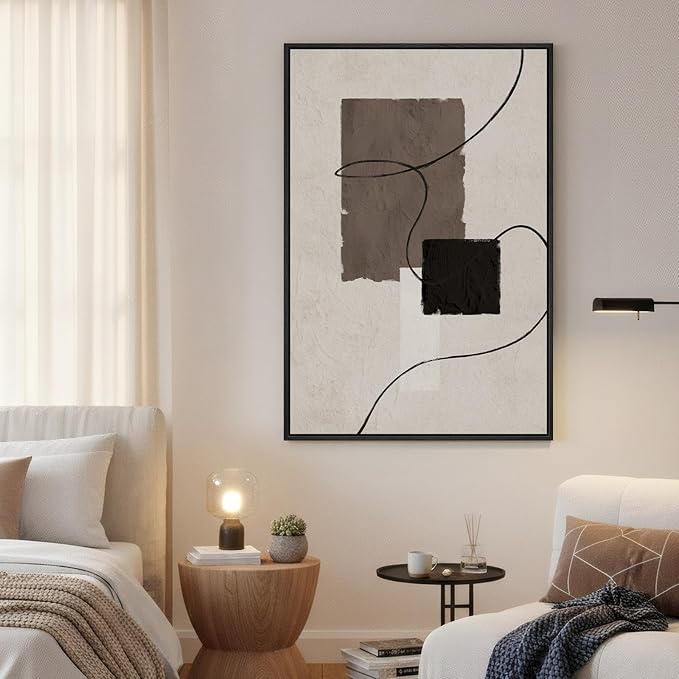 Framed Black and White Neutral Abstract Wall Art, Modern Canvas Prints Paintings Artwork for Walls, Minimalist Beige Brown Block Pictures for Living Room Bedroom Dining Entryway Wall Decor 24x36 In
