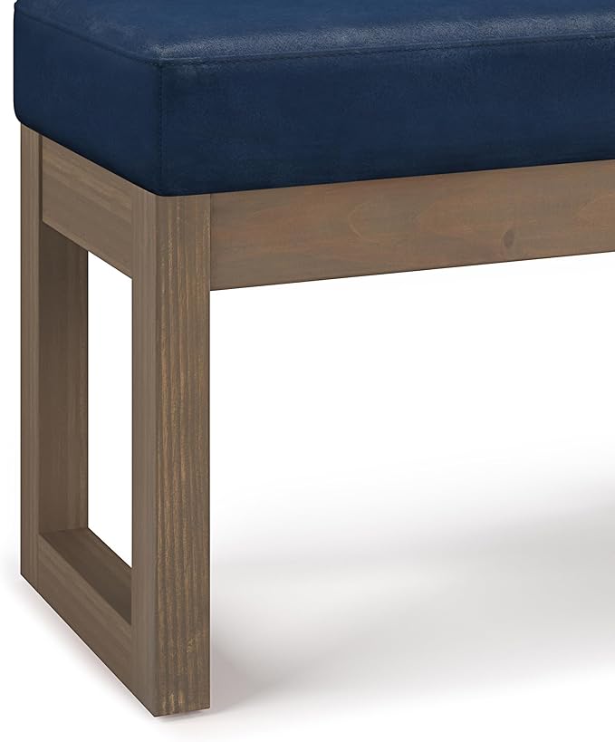 SIMPLIHOME Milltown Small Ottoman Bench - 27 inch Wide Upholstered Vegan Leather Rectangle Footstool Ottoman in Distressed Dark Blue, Contemporary Bench for Bedroom with Cushioned Seat, Assembled