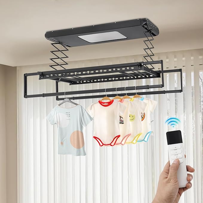 Electric Retractable Airing Rack Black, Ceiling Clothesline 77lbs Load, Ceiling Mounted Clothes Drying Rack 24W with Remote and Light for Laundry Balcony (Black)