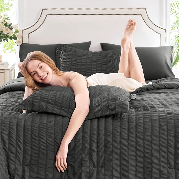 CozyLux Queen Comforter Set Dark Grey Seersucker 7 Pieces Bed in a Bag Queen Comforter Set with Sheets, Luxury Soft Bedding Set with Down Alternative Comforter, Sheets, Pillowcases & Shams All Seasons
