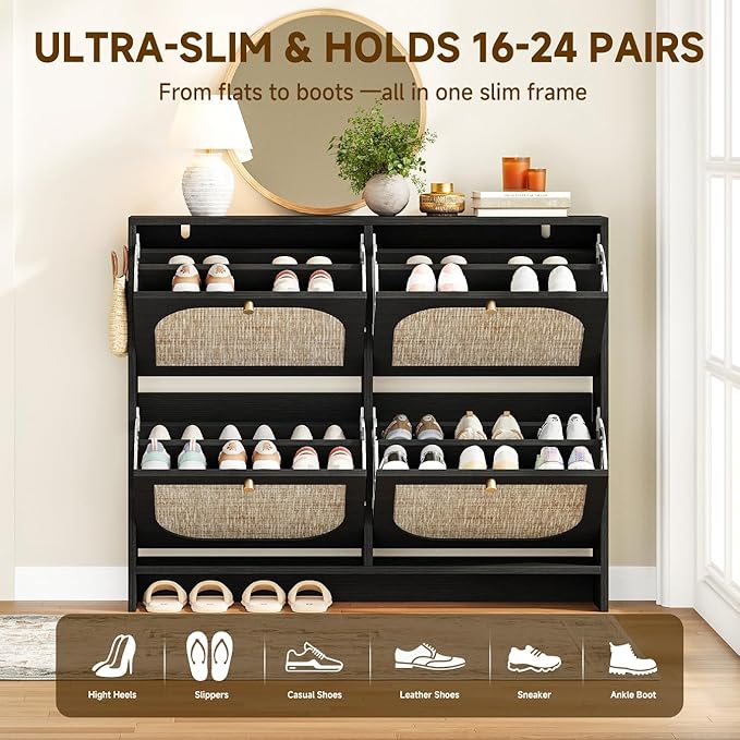 Nicetree Shoe Storage Cabinet for Entryway, Rattan Vintage Flip Shoe Rack- 4 Flip Drawers & 3-Tier Adjustable Shelves,Boho Shoe Organizer for 28-36 Pairs - Fits Size 12 Boots, 9.5" Ultra Slim