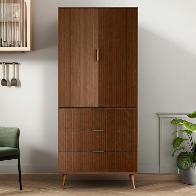 Tall Storage Cabinet, Kitchen Pantry Cabinet with Adjustable Shelves & Fluted Panel Design, Wood Cupboard with 3 Drawers 2 Doors, Tall Home Cupboard for Living Room, Kitchen, Walnut