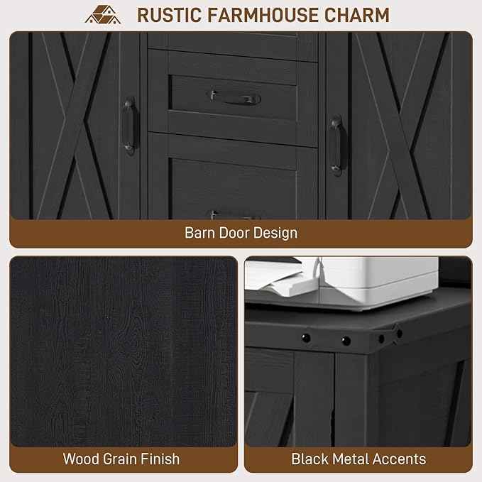 Vabches File Cabinet with 3 Drawers, Farmhouse Lateral File Cabinet Fits Files Letter/A4 Size, Wooden Filing Cabinet with Door and Adjustable Shelves Printer Stand for Home Office, Rustic Black