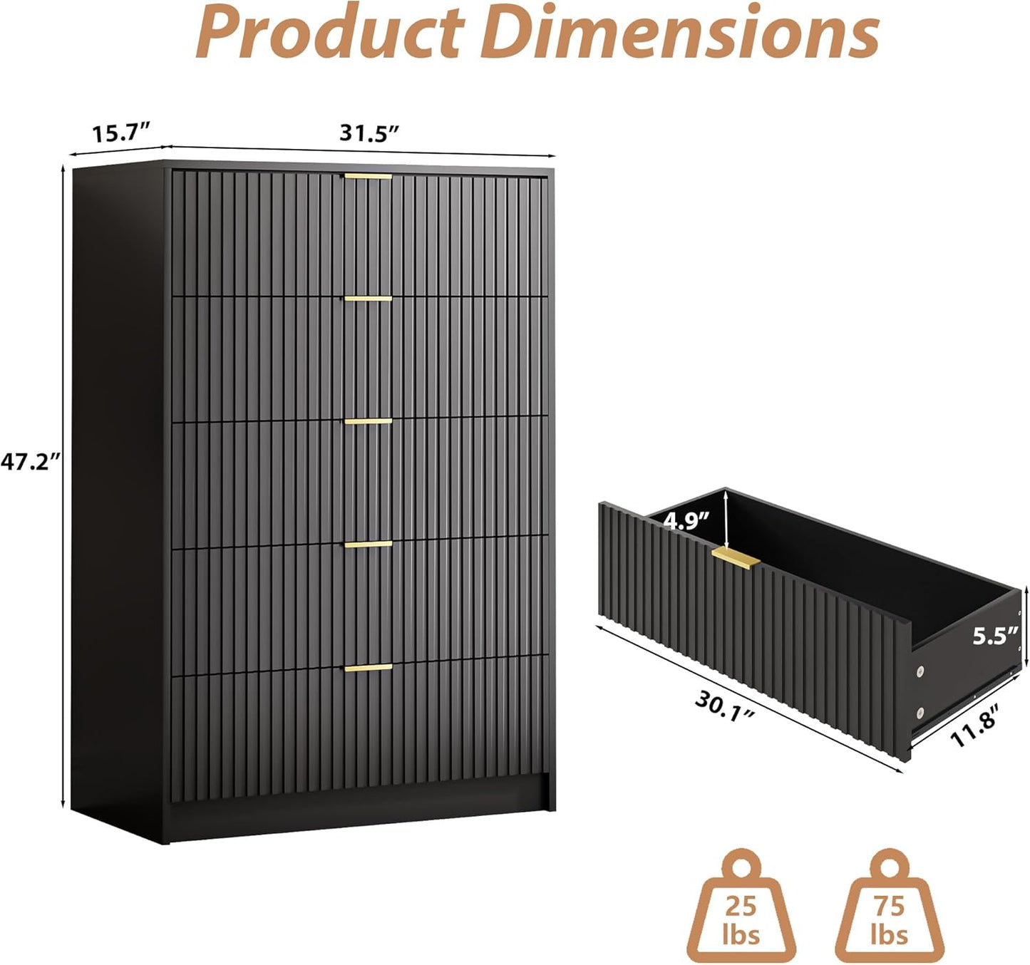 5 Drawer Dresser for Bedroom, Tall Dresser Chest of Drawers with Gold Handles, 32 Inch Wide Nightstand with for Bedroom, Living Rooms, Offices, and Entryways, Black