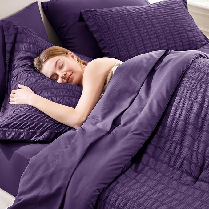 CozyLux Full Size Comforter Sets with Sheets 7 Pieces, Purple Seersucker Bed in a Bag Textured Luxury Soft Bedding Set with Down Alternative Comforter, Sheets, Pillowcases & Shams for All Seasons