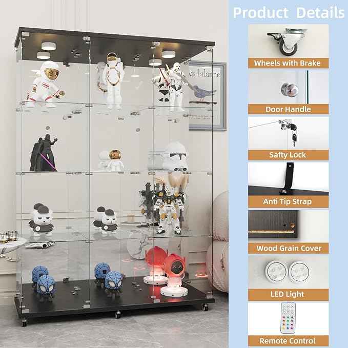 Beauty4U Glass Display Cabinet with LED Lights and Mirror, Extra Large 3 Columns 2 Doors Curio Cabinets with 12 Shelves for Living Room, Bedroom, Office, Black Floor Standing Bookshelf