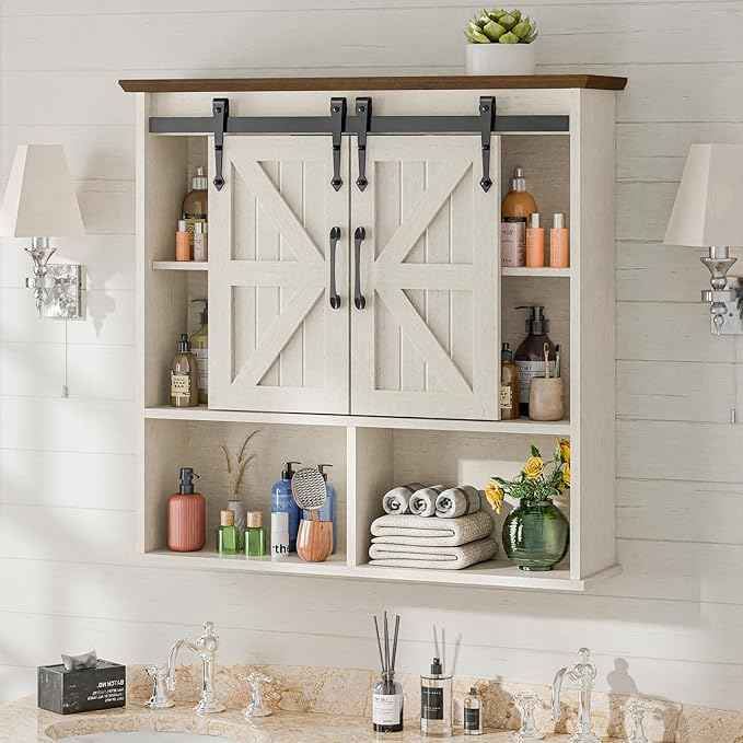 Vabches Bathroom Wall Cabinet, Farmhouse Medicine Cabinet with Double Sliding Barn Door and Adjustable Shelves, Wooden Vintage Storage Cabinet Wall Mounted for Bathroom, Kitchen Dining, Rustic White
