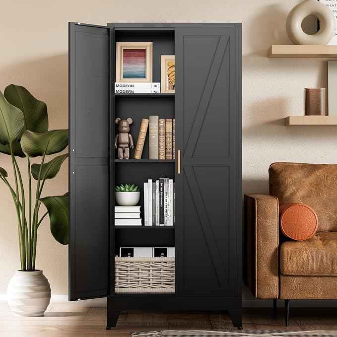 COFaR Black Farmhouse Storage Kitchen Pantry Cabinet with 2 Barn Door, 3 Adjustable Shelves and Legs, for Cupboard/Dining Room/Bathroom/Living Room/Office/Laundry Room (Black, 61" Farmhouse)