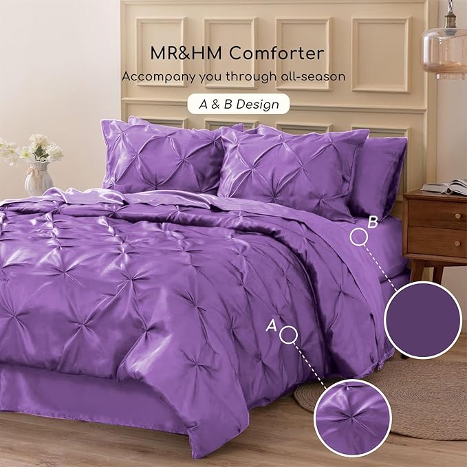 MR&HM Satin Comforter Full 7 Pieces - Luxurious Pinch Pleat Bedding Set with Comforter, Flat Sheet, Fitted Sheet, Pillowcases & Shams, Super Silky Soft Bed Set for All Season (Full, Lavender)