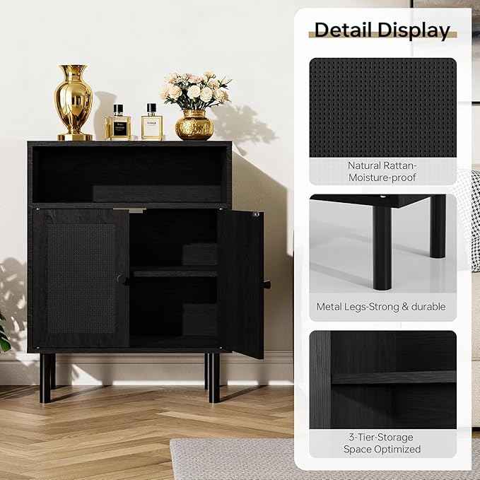 Rattan Storage Cabinet, Boho Accent Cabinet with Double Doors, Small Freestanding Sideboard for Hallway, Laundry Room,Kitchen, Dining Room, Entryway (Black)