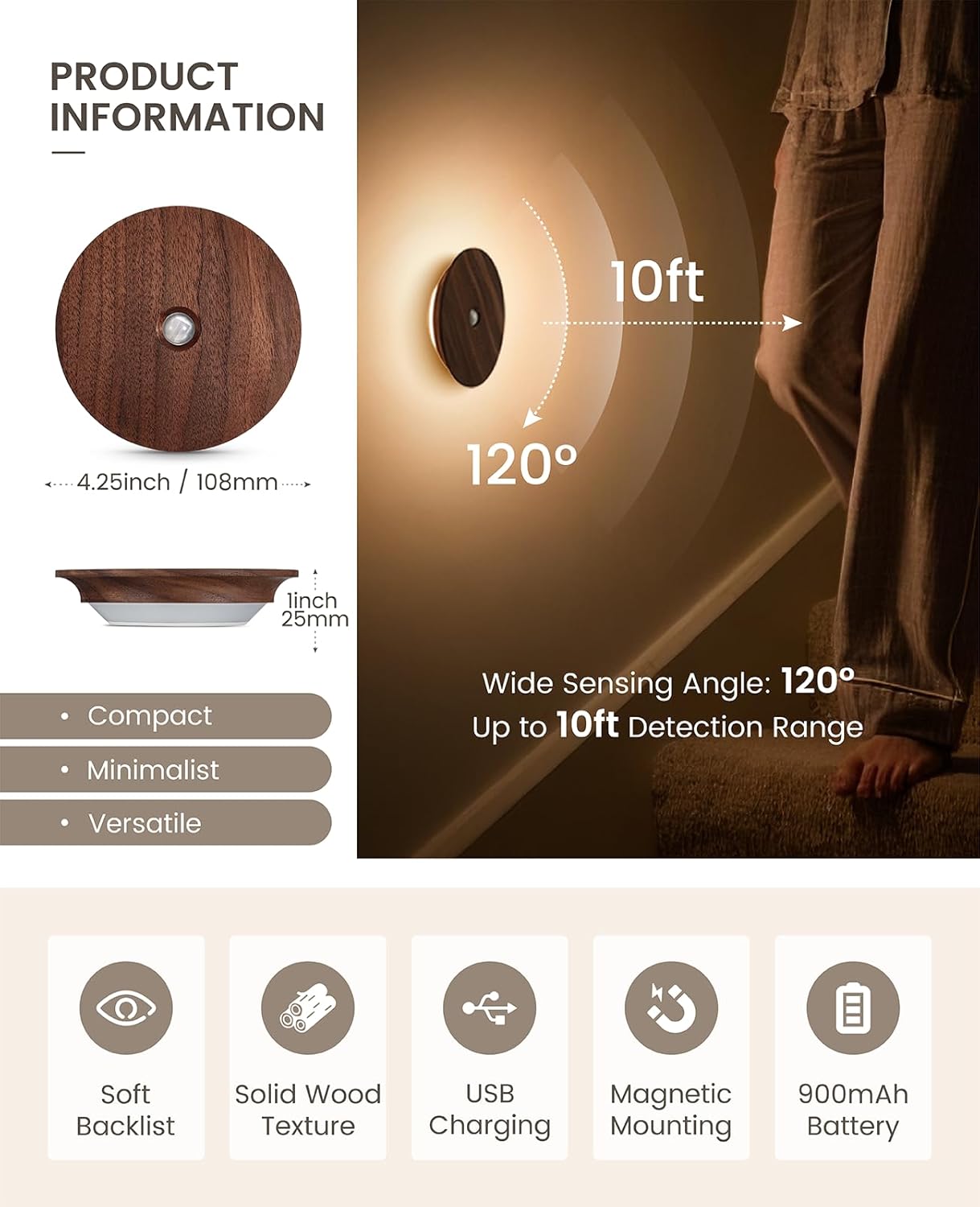 Motion Sensor Night Light Wood Rechargeable Battery-Powered Stick-On Step Lights Magnetic Closet Lights Warm Nightlight for Hallway Bedroom Stair (Black Walnut)
