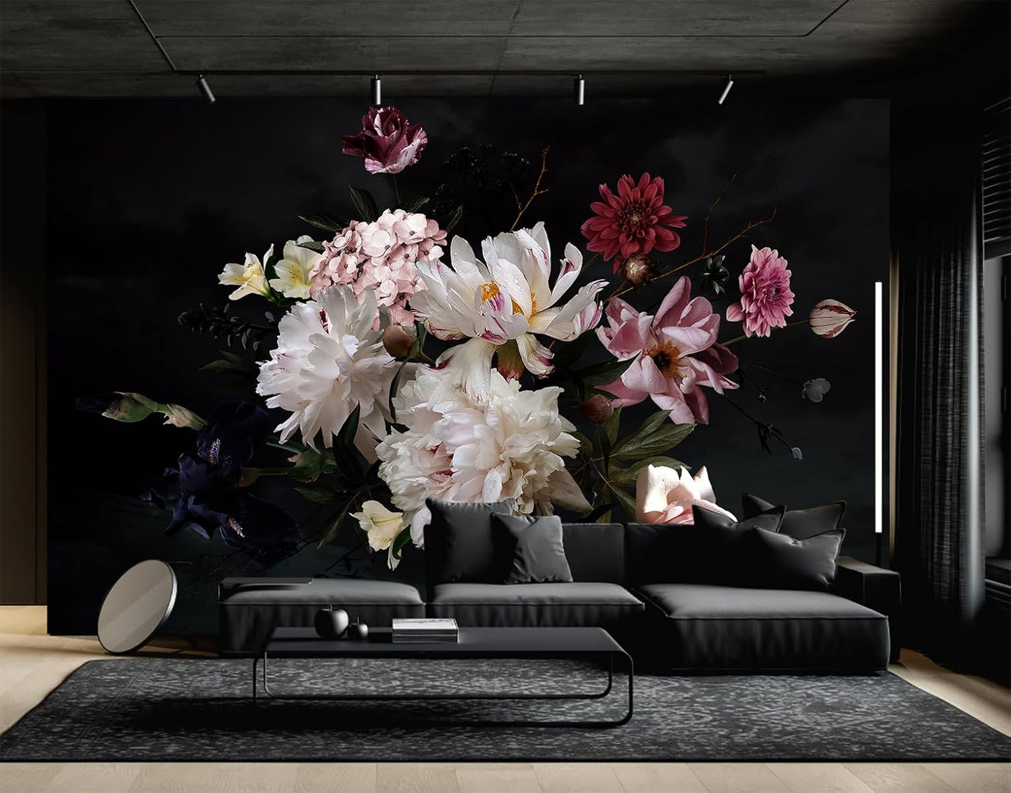 Dark Floral Wallpaper Mural Vintage Peony Flowers Black Background Wall Mural Bedroom (Not Peel and Stick)