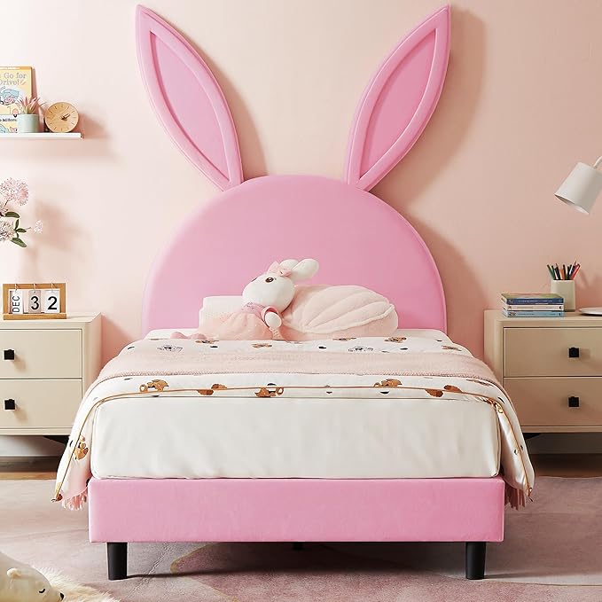 VECELO Twin Size Bed Frame with Storage Organizer, Heavy-Duty Platform with Rabbit Shaped Headboard for Girls Kids Room, Storage Organizer, Easy Assembly, Pink
