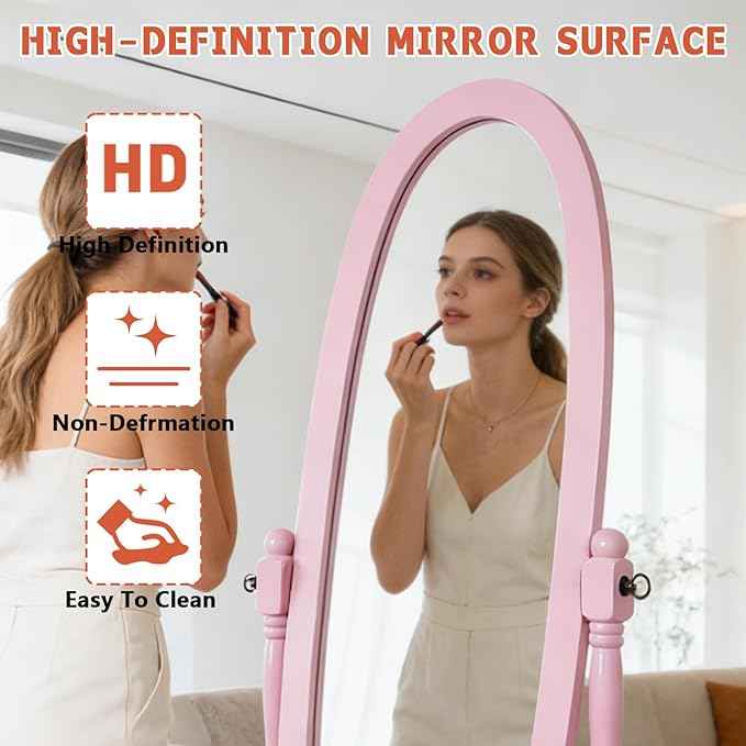 Full Length Mirror with Stand, Swivel Adjustable Oval Wood Cheval Floor Mirror, Dressing Cheval Mirror for Bedroom Livingroom, Interior Gift Idea (Pink)