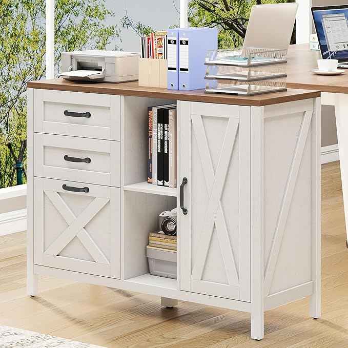 Vabches Lateral File Cabinet, Farmhouse 3 Drawer File Cabinet with Open Storage Shelf for Letter/Legal/A4 Size Hanging Files, Large Wood Storage Cabinets Printer Stand for Home Office, White