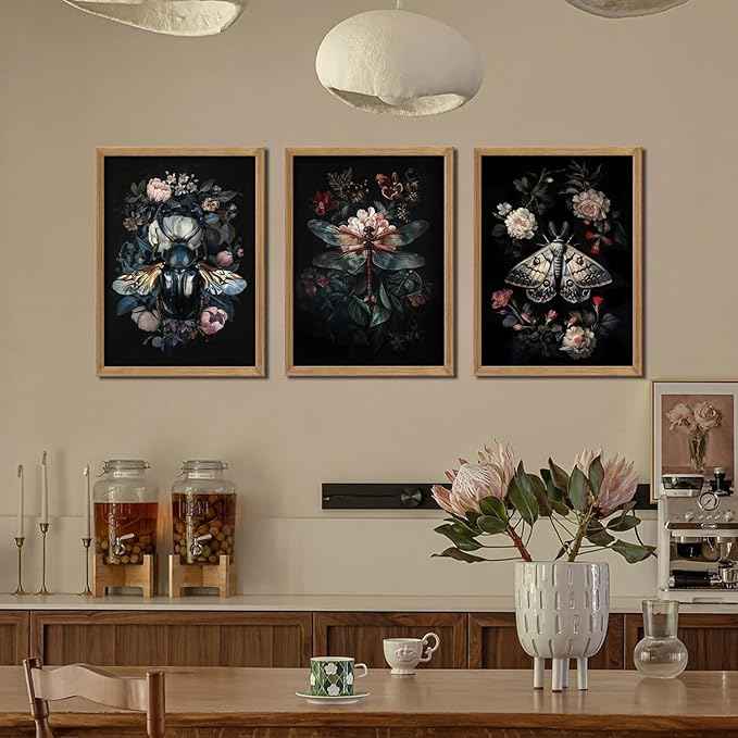 Dark Botanical Insect Canvas Wall Art Gothic Insect And Botanical Posters Prints Dark Academia Moody Floral Cottagecore Art Painting Vintage Dragonfly Beetle Moth Pictures Wall Decor Framed