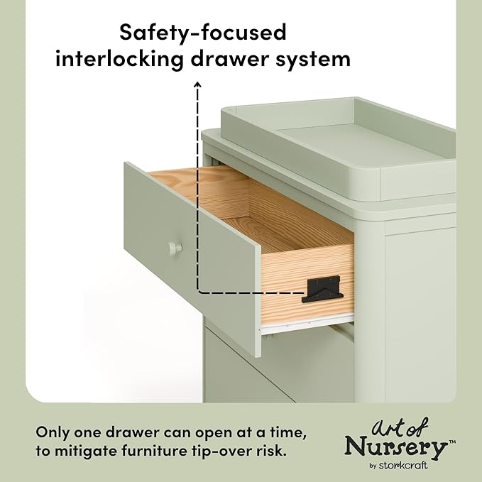 Storkcraft Casablanca 3 Drawer Chest with Removable Changing Topper (Sage) – GREENGUARD Gold Certified Wood Dresser for Baby & Kids, Interlocking Drawer System for Safety