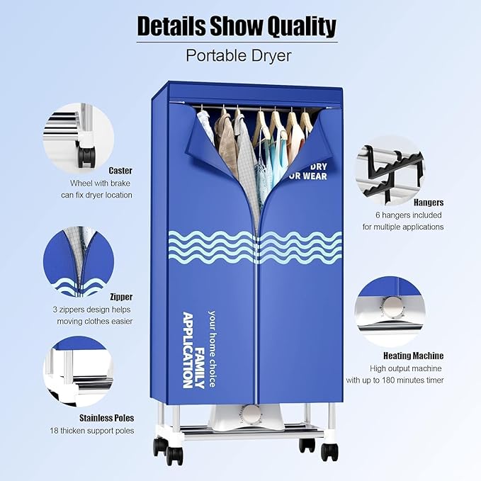 Clothes Dryer, Portable Drying Machine with Timer, 60inch Laundry Drying Wardrobe with Large Capacity, Electric Dryer/Rack for Home | Appartments (Blue ZU1)