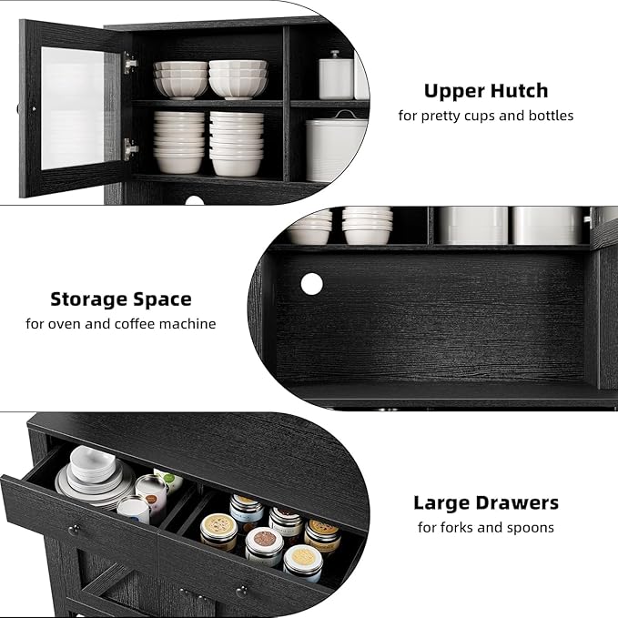 GarveeHome Kitchen Pantry Cabinet with Microwave Stand, Freestanding Hutch Cabinet with Buffet Cupboard, Tall Kitchen Cabinets with Adjustable Shelves for Dining Room, Black