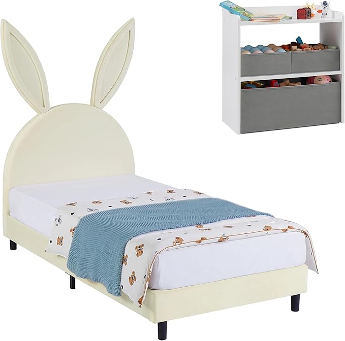 VECELO Twin Size Bed Frame with Storage Organizer, Heavy-Duty Platform with Rabbit Shaped Headboard for Girls Kids Room, Easy Assembly, Beige