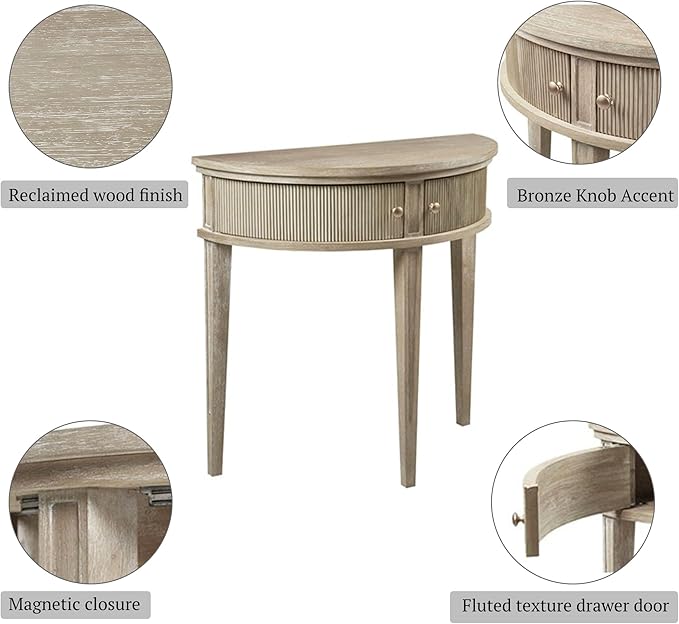 Martha Stewart Crestview Hall Console Table for Entryway with Storage, Solid Rubber Wood Frame, Vintage Demilune Shape, Bronze Knobs, Farmhouse Living Room Furniture Décor, 36" Wide Reclaimed Greige