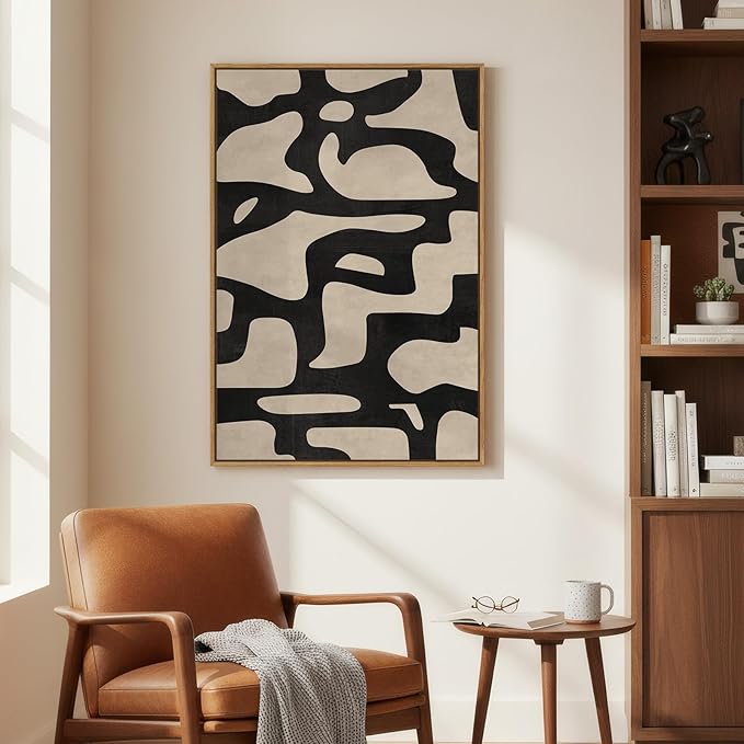 Framed Neutral Abstract Wall Art, Large Modern Canvas Prints Paintings Artwork for Walls, Minimalist Black and Beige Pictures for Living Room, Bedroom, Hallway, Home Office Wall Decor 24x36 In