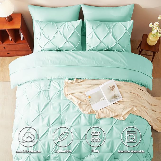 CozyLux Queen Comforter Set Mint Green, 7 Pieces Pintuck Bed in A Bag, Premium Green Comforter Queen Size, Pinch Pleat Bedding Sets with Comforter, Flat Sheet, Fitted Sheet, Pillowcases & Shams