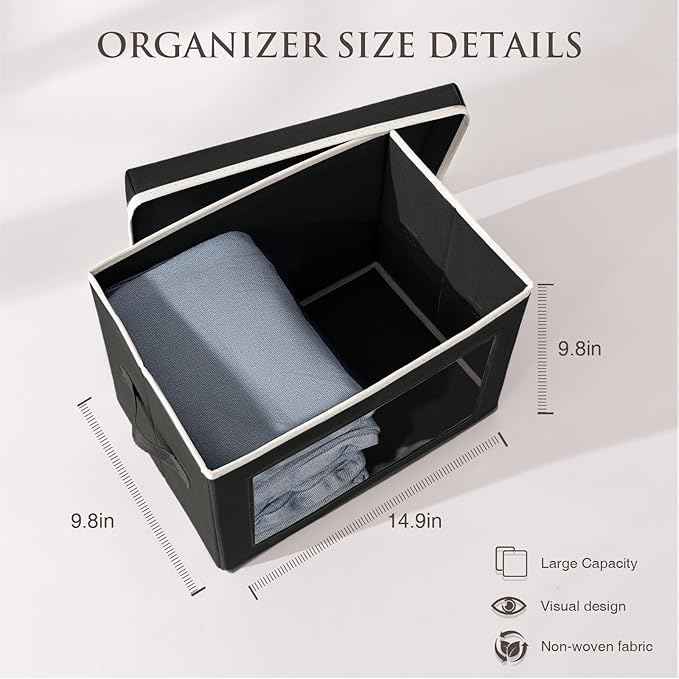 Stackable Storage Bins with Lids - Medium Storage Box with Lids, Foldable Closet Boxes for Organizing, Wardrobe Clothes Organizer with Window, Cubes Bins for Living Room, 5 Pack, Black